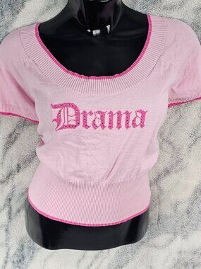 Sugar Thrillz 2X Plus Pink Rib Knit Drama Graphic Crop Sweater Rhinestone Bling